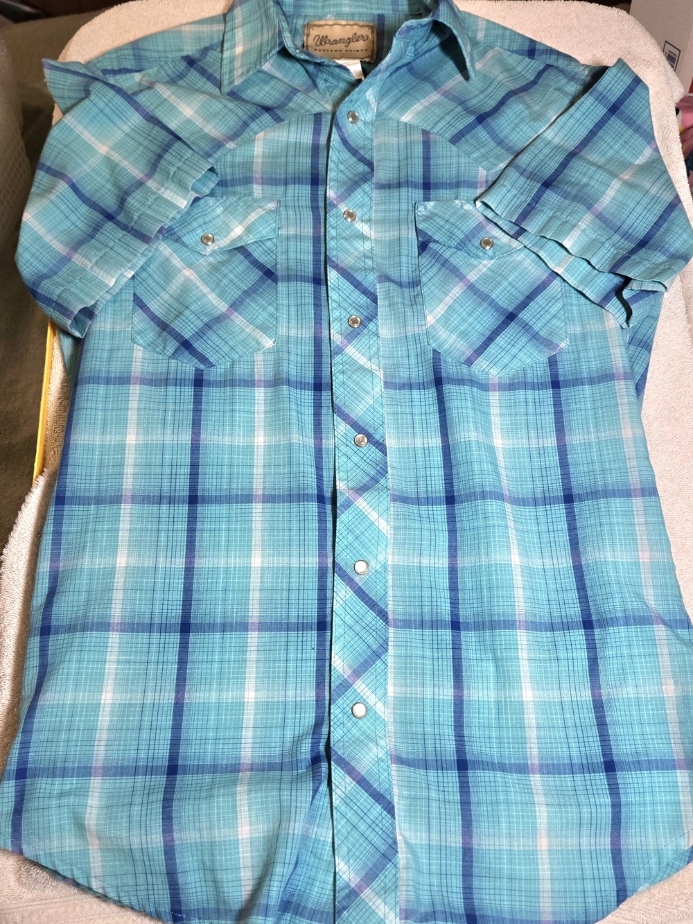 Wrangler Western Aqua Teal Plaid Pearl Snap Shirt S
